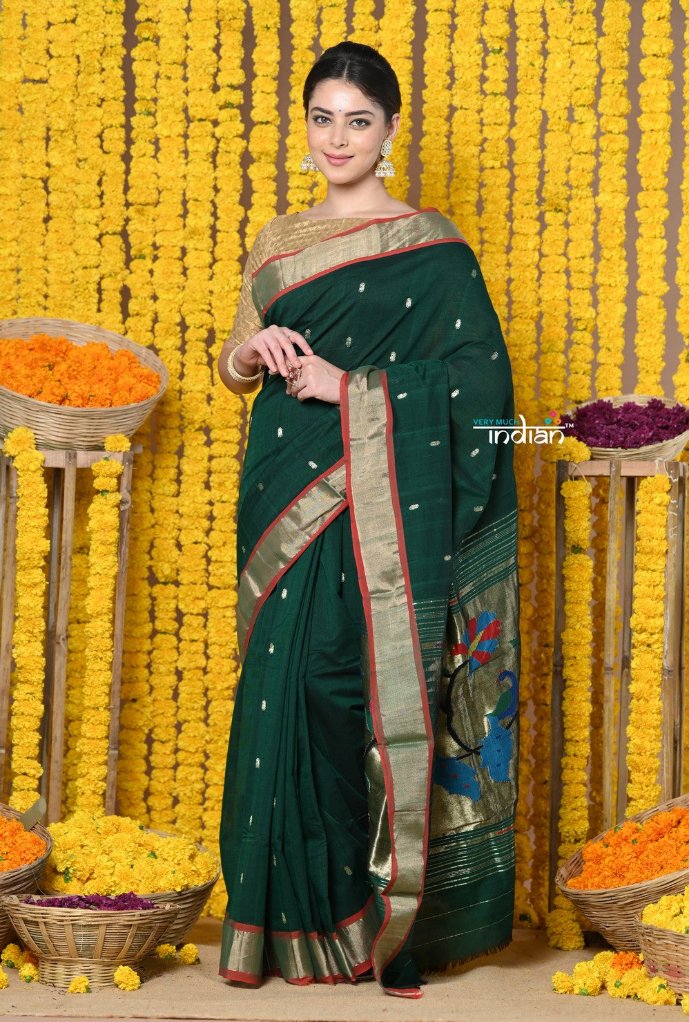 Very Much Indian Rajsi - Handloom Pure Cotton Paithani With Peacock Pallu - Dark Green | Grocsy