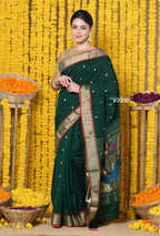 Very Much Indian Rajsi - Handloom Pure Cotton Paithani With Peacock Pallu - Dark Green | Grocsy