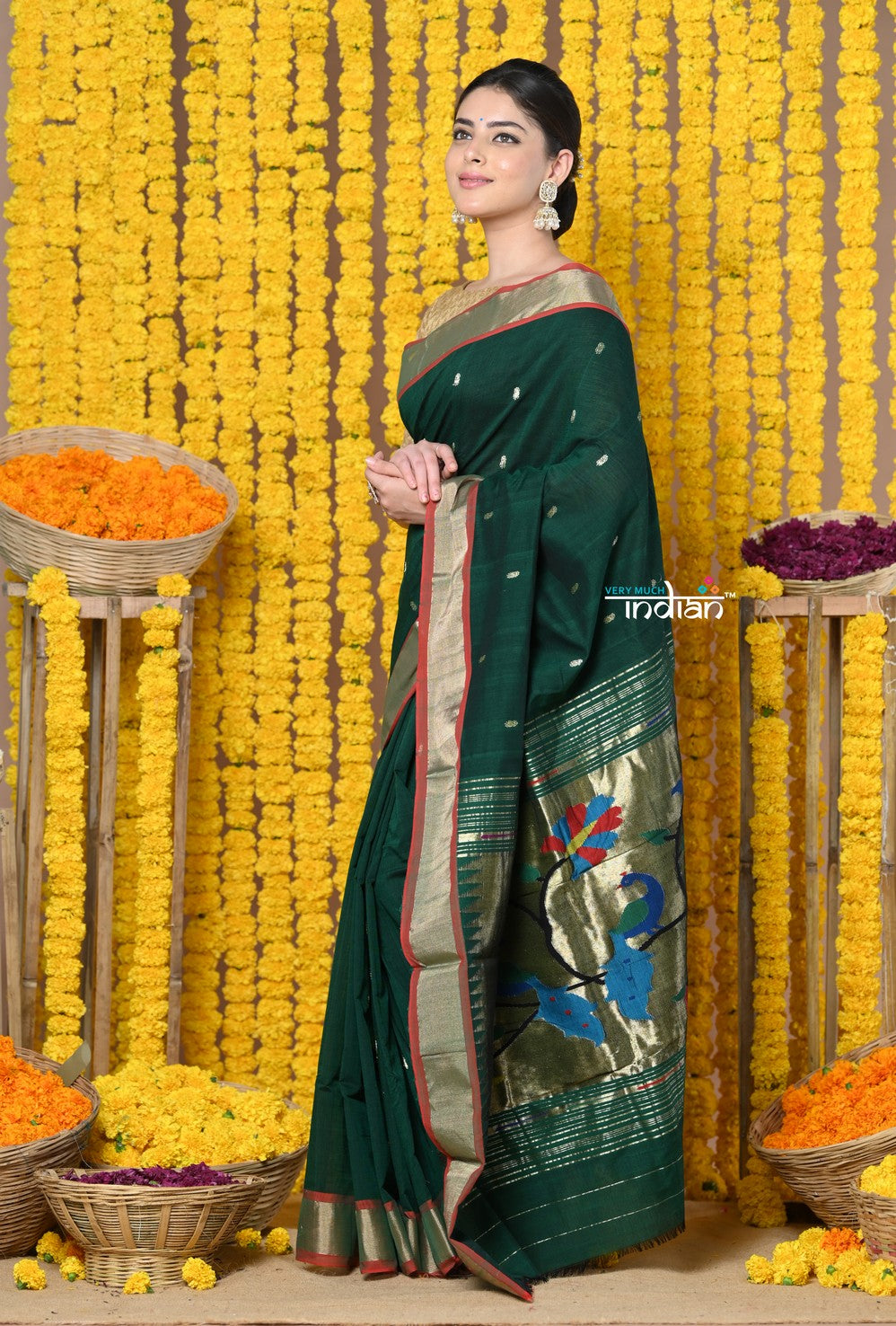 Very Much Indian Rajsi - Handloom Pure Cotton Paithani With Peacock Pallu - Dark Green | Grocsy