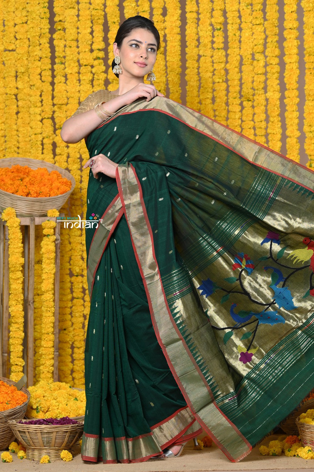 Very Much Indian Rajsi - Handloom Pure Cotton Paithani With Peacock Pallu - Dark Green | Grocsy