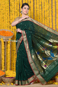 Very Much Indian Rajsi - Handloom Pure Cotton Paithani With Peacock Pallu - Dark Green | Grocsy
