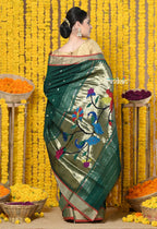 Very Much Indian Rajsi - Handloom Pure Cotton Paithani With Peacock Pallu - Dark Green | Grocsy