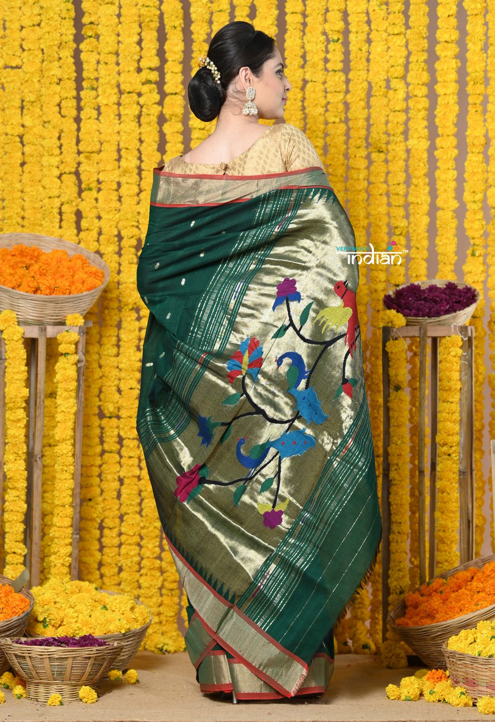 Very Much Indian Rajsi - Handloom Pure Cotton Paithani With Peacock Pallu - Dark Green | Grocsy
