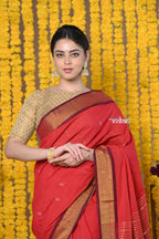 Very Much Indian Rajsi - Handloom Pure Cotton Paithani With Asawali Pallu - Red | Grocsy