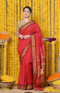 Very Much Indian Rajsi - Handloom Pure Cotton Paithani With Asawali Pallu - Red | Grocsy