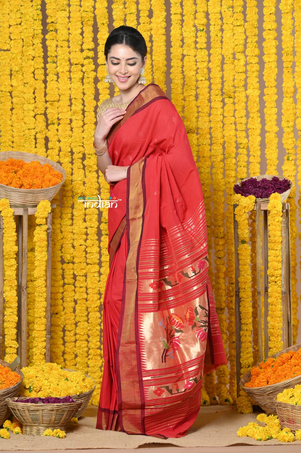 Very Much Indian Rajsi - Handloom Pure Cotton Paithani With Asawali Pallu - Red | Grocsy