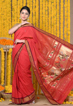 Very Much Indian Rajsi - Handloom Pure Cotton Paithani With Asawali Pallu - Red | Grocsy