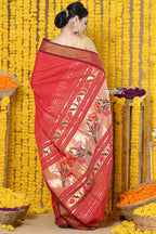 Very Much Indian Rajsi - Handloom Pure Cotton Paithani With Asawali Pallu - Red | Grocsy