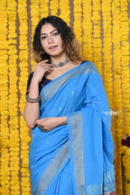Very Much Indian Rajsi - Handloom Pure Cotton Paithani With Asawali Pallu - Cerrulean Blue | Grocsy