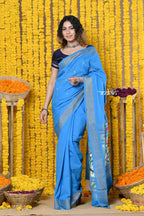 Very Much Indian Rajsi - Handloom Pure Cotton Paithani With Asawali Pallu - Cerrulean Blue | Grocsy