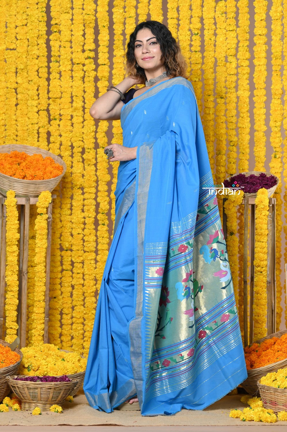 Very Much Indian Rajsi - Handloom Pure Cotton Paithani With Asawali Pallu - Cerrulean Blue | Grocsy