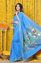 Very Much Indian Rajsi - Handloom Pure Cotton Paithani With Asawali Pallu - Cerrulean Blue | Grocsy