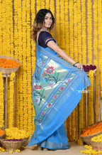 Very Much Indian Rajsi - Handloom Pure Cotton Paithani With Asawali Pallu - Cerrulean Blue | Grocsy