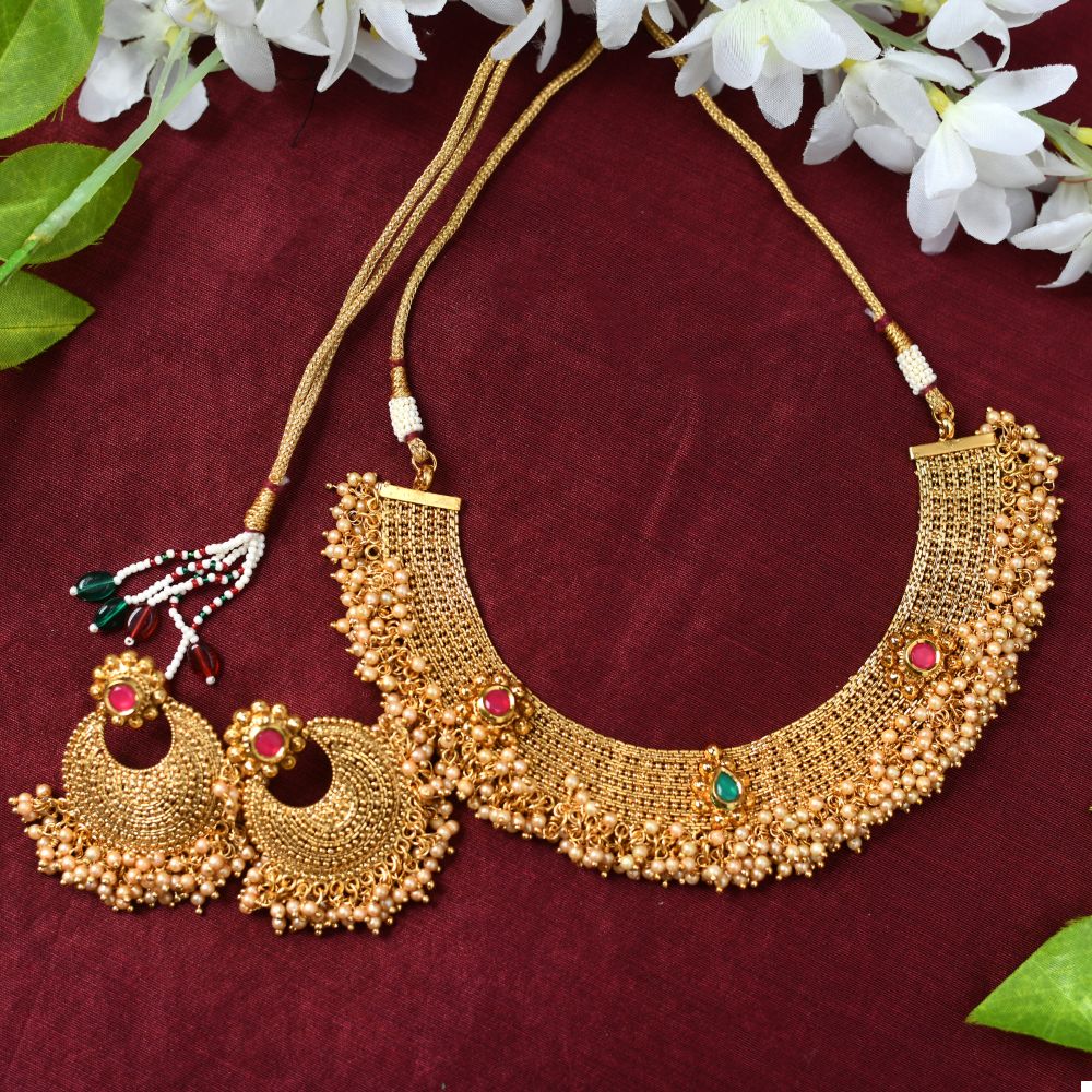 Mominos Fashion Johar Kamal Gold-Polished Brass Finish Stone/Beads Choker For Women (Golden) | Grocsy