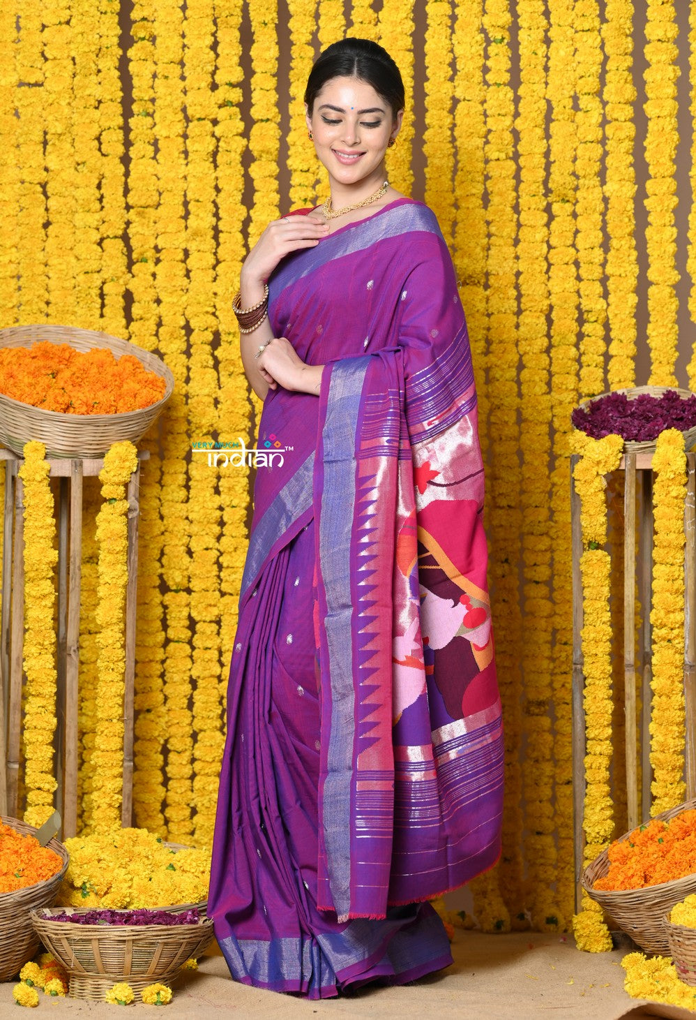 Very Much Indian Rajsi - Handloom Pure Cotton Paithani With Radha Krishna Pallu - Dual Tone Purple | Grocsy