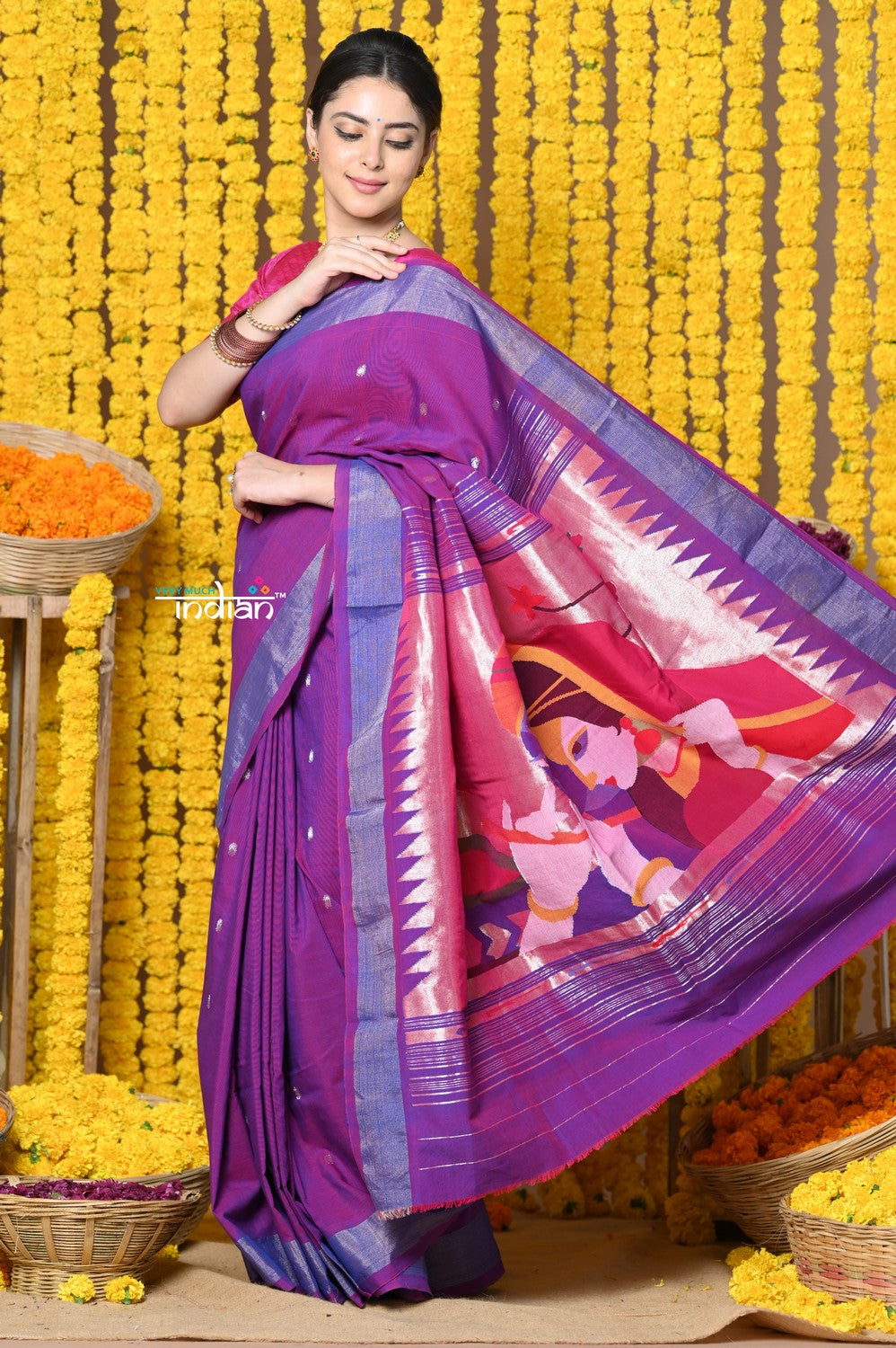 Very Much Indian Rajsi - Handloom Pure Cotton Paithani With Radha Krishna Pallu - Dual Tone Purple | Grocsy