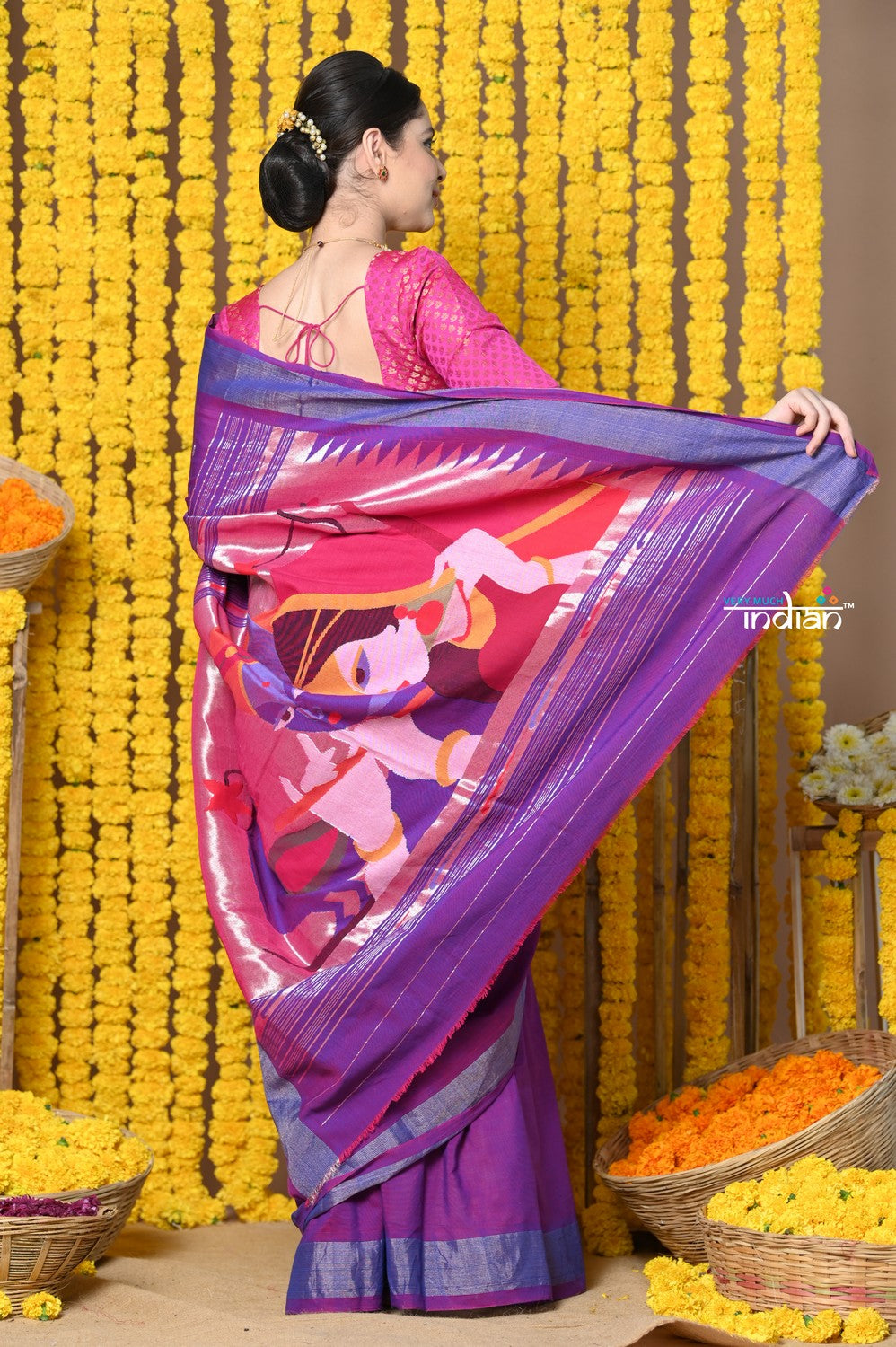 Very Much Indian Rajsi - Handloom Pure Cotton Paithani With Radha Krishna Pallu - Dual Tone Purple | Grocsy