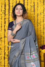 Very Much Indian Rajsi - Handloom Pure Cotton Paithani With Asawali Pallu - Grey | Grocsy