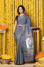 Very Much Indian Rajsi - Handloom Pure Cotton Paithani With Asawali Pallu - Grey | Grocsy