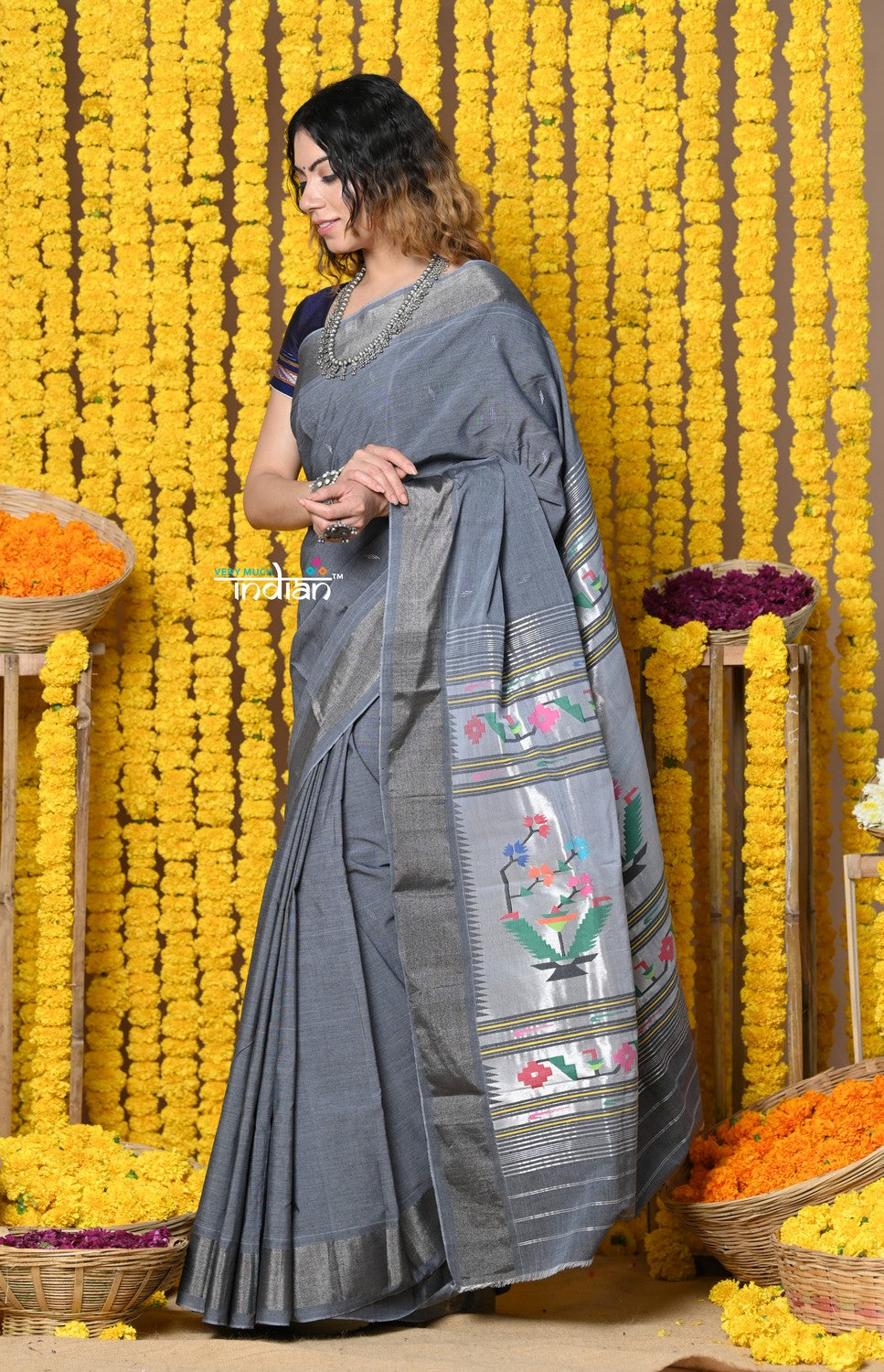Very Much Indian Rajsi - Handloom Pure Cotton Paithani With Asawali Pallu - Grey | Grocsy