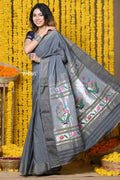Very Much Indian Rajsi - Handloom Pure Cotton Paithani With Asawali Pallu - Grey | Grocsy