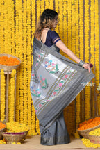 Very Much Indian Rajsi - Handloom Pure Cotton Paithani With Asawali Pallu - Grey | Grocsy