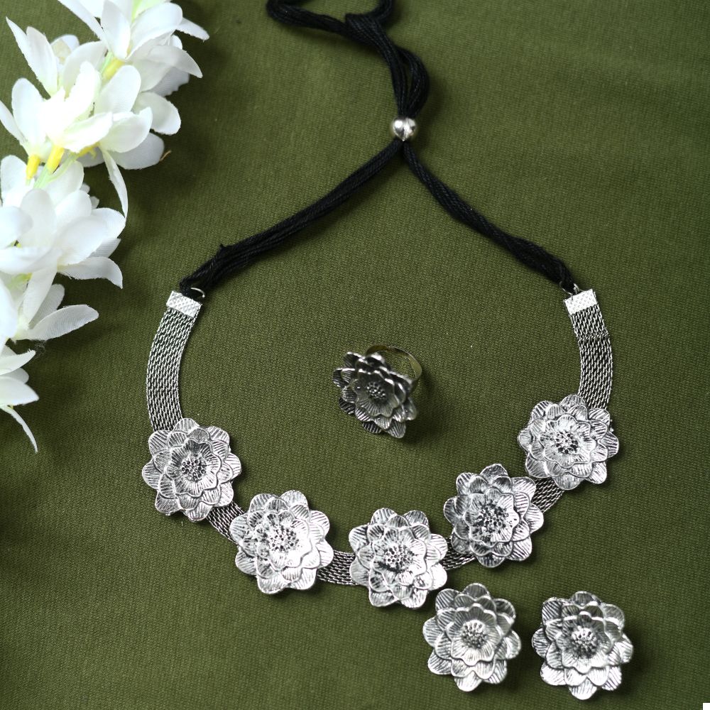 Mominos Fashion Johar Kamal Silver-Plated Brass Finish Rose Design Choker For Women (Silver) | Grocsy