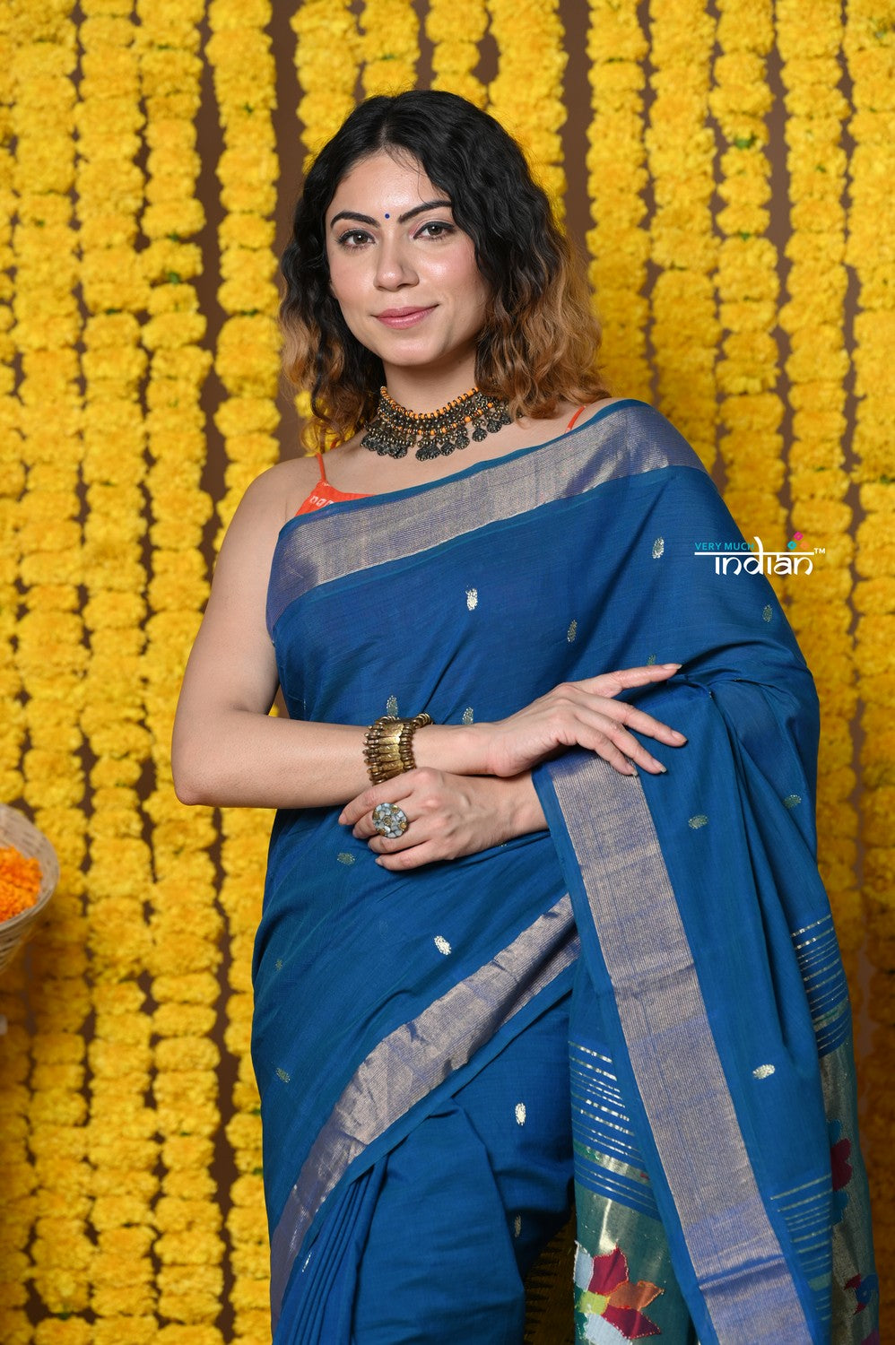 Very Much Indian Rajsi - Handloom Pure Cotton Paithani With Peacock Pallu - Teal Blue | Grocsy