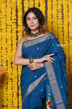 Very Much Indian Rajsi - Handloom Pure Cotton Paithani With Peacock Pallu - Teal Blue | Grocsy
