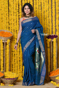 Very Much Indian Rajsi - Handloom Pure Cotton Paithani With Peacock Pallu - Teal Blue | Grocsy
