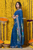 Very Much Indian Rajsi - Handloom Pure Cotton Paithani With Peacock Pallu - Teal Blue | Grocsy