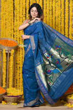 Very Much Indian Rajsi - Handloom Pure Cotton Paithani With Peacock Pallu - Teal Blue | Grocsy