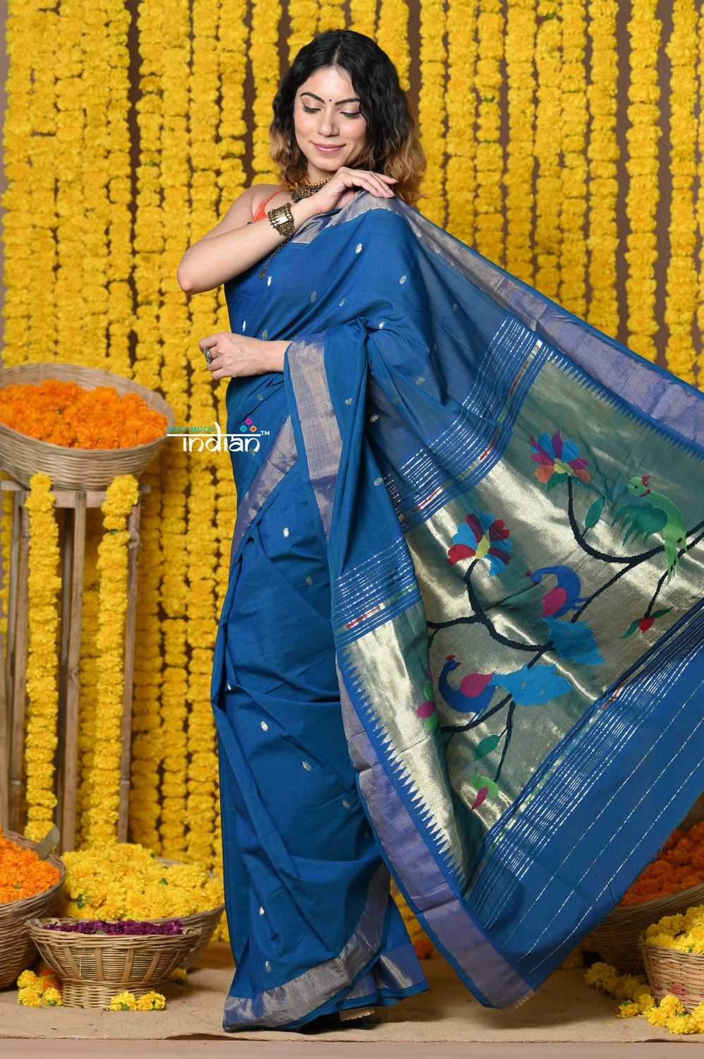 Very Much Indian Rajsi - Handloom Pure Cotton Paithani With Peacock Pallu - Teal Blue | Grocsy