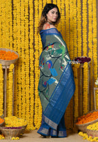 Very Much Indian Rajsi - Handloom Pure Cotton Paithani With Peacock Pallu - Teal Blue | Grocsy