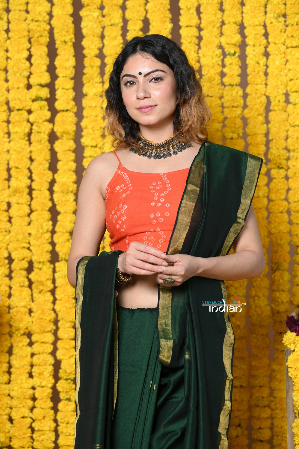 Very Much Indian Rajsi - Designed by VMI! High Quality Mul Cotton Handloom Woven Saree With Sleek Border in Green | Grocsy