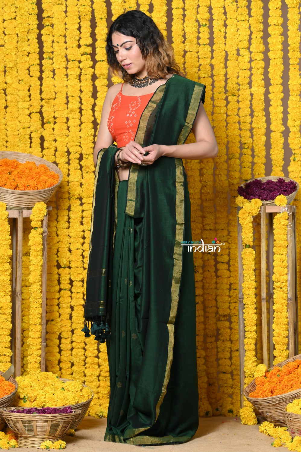 Very Much Indian Rajsi - Designed by VMI! High Quality Mul Cotton Handloom Woven Saree With Sleek Border in Green | Grocsy