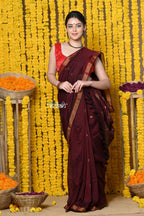 Very Much Indian Rajsi - Designed by VMI! High Quality Mul Cotton Handloom Woven Saree With Sleek Border in Maroon | Grocsy