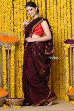 Very Much Indian Rajsi - Designed by VMI! High Quality Mul Cotton Handloom Woven Saree With Sleek Border in Maroon | Grocsy
