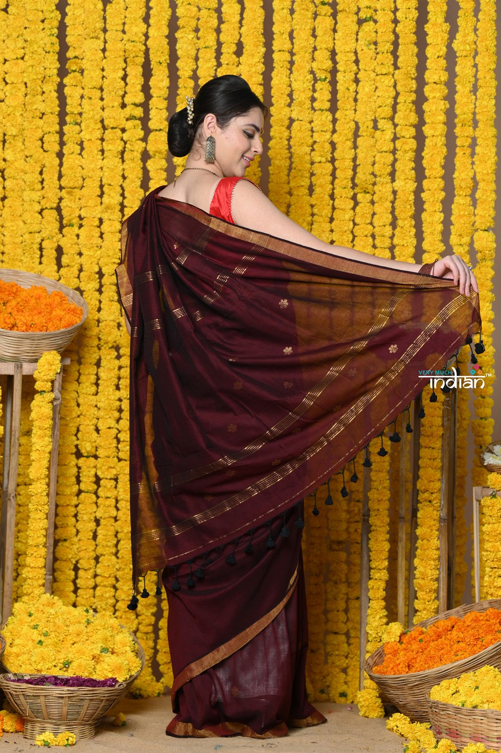 Very Much Indian Rajsi - Designed by VMI! High Quality Mul Cotton Handloom Woven Saree With Sleek Border in Maroon | Grocsy