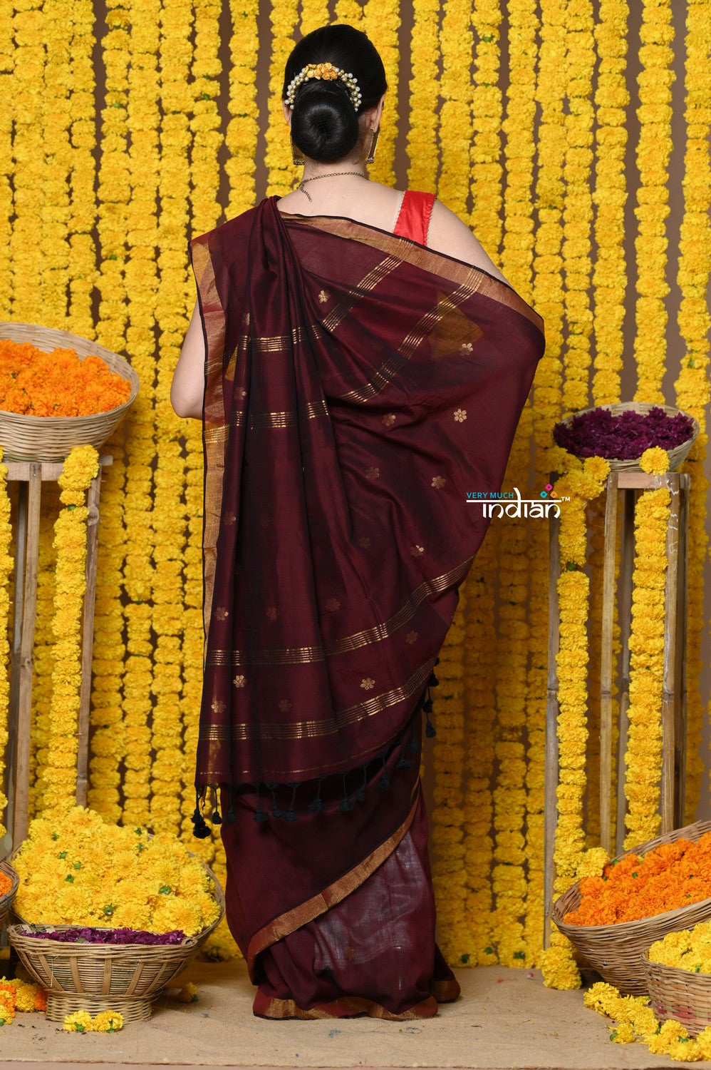 Very Much Indian Rajsi - Designed by VMI! High Quality Mul Cotton Handloom Woven Saree With Sleek Border in Maroon | Grocsy