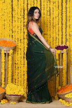 Very Much Indian Rajsi - Designed by VMI! High Quality Mul Cotton Handloom Woven Saree With Sleek Border in Green | Grocsy