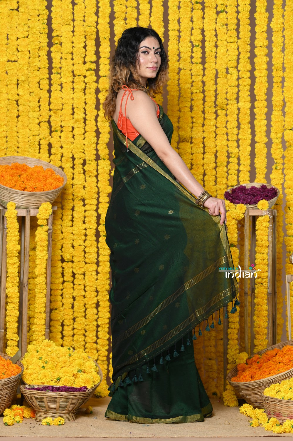 Very Much Indian Rajsi - Designed by VMI! High Quality Mul Cotton Handloom Woven Saree With Sleek Border in Green | Grocsy