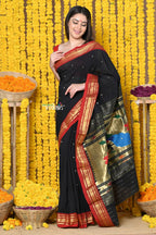 Very Much Indian Rajsi - Handloom Pure Cotton Paithani With Peacock Pallu - Black | Grocsy
