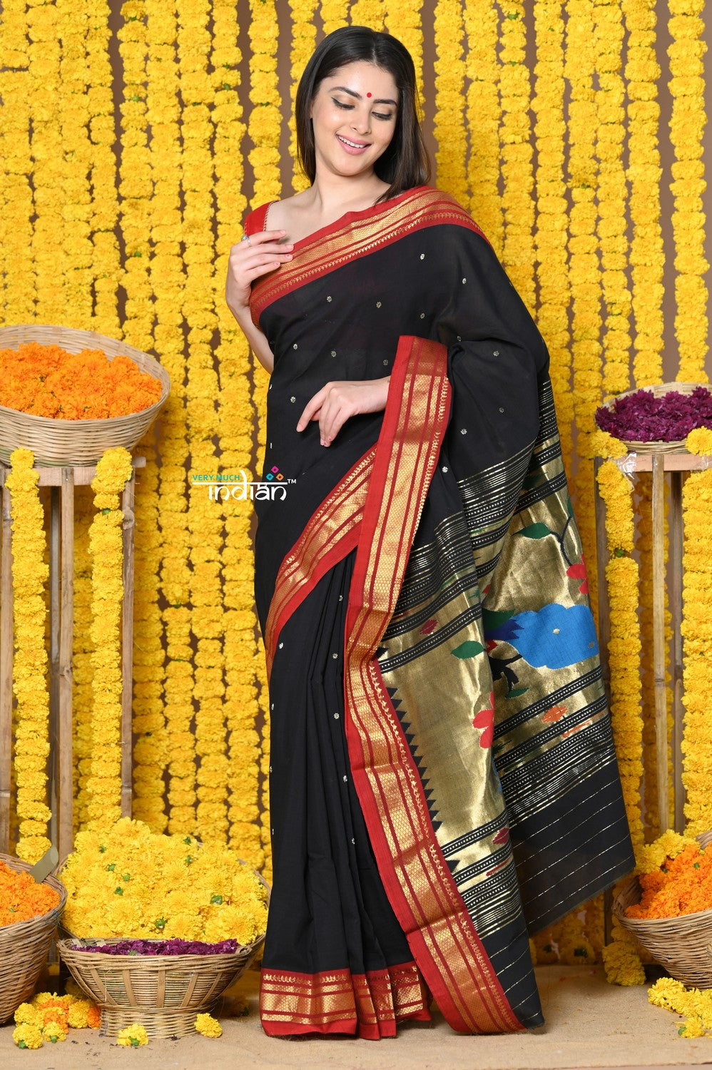 Very Much Indian Rajsi - Handloom Pure Cotton Paithani With Peacock Pallu - Black | Grocsy