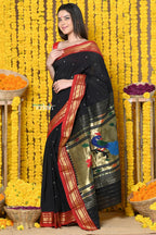 Very Much Indian Rajsi - Handloom Pure Cotton Paithani With Peacock Pallu - Black | Grocsy