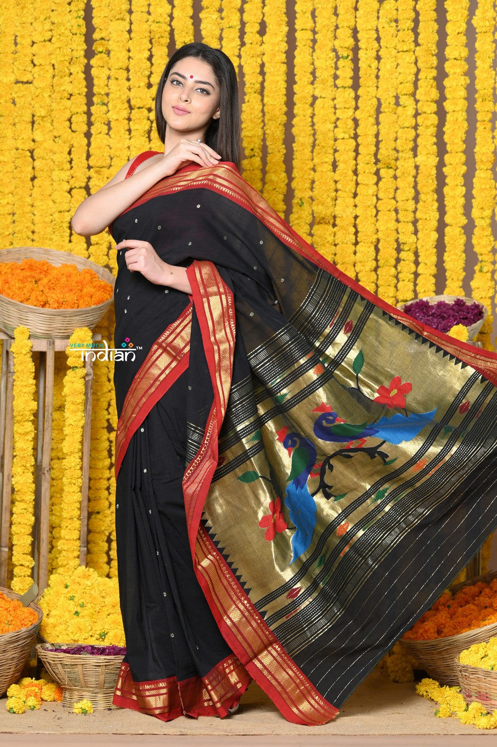 Very Much Indian Rajsi - Handloom Pure Cotton Paithani With Peacock Pallu - Black | Grocsy