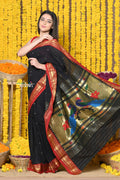 Very Much Indian Rajsi - Handloom Pure Cotton Paithani With Peacock Pallu - Black | Grocsy