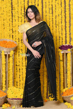 Very Much Indian Rajsi - High Quality Mul Cotton Handloom Woven Saree in Sleek Black | Grocsy