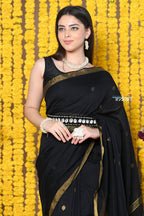 Very Much Indian Rajsi - Designed by VMI! High Quality Mul Cotton Handloom Woven Saree With Sleek Border in Black | Grocsy