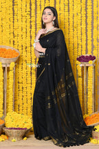 Very Much Indian Rajsi - Designed by VMI! High Quality Mul Cotton Handloom Woven Saree With Sleek Border in Black | Grocsy